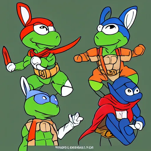 Image similar to teenage mutant ninja rabbits, heroes with a cotton tail!