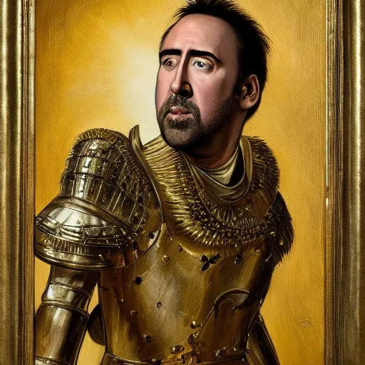 Image similar to Nicolas Cage in a gold armor, religious masterpiece portrait, oil on canvas, occult night, in the world of Andrew Wyeth and Dark Souls, artstation, by J. C. Leyendecker and Peter Paul Rubens,