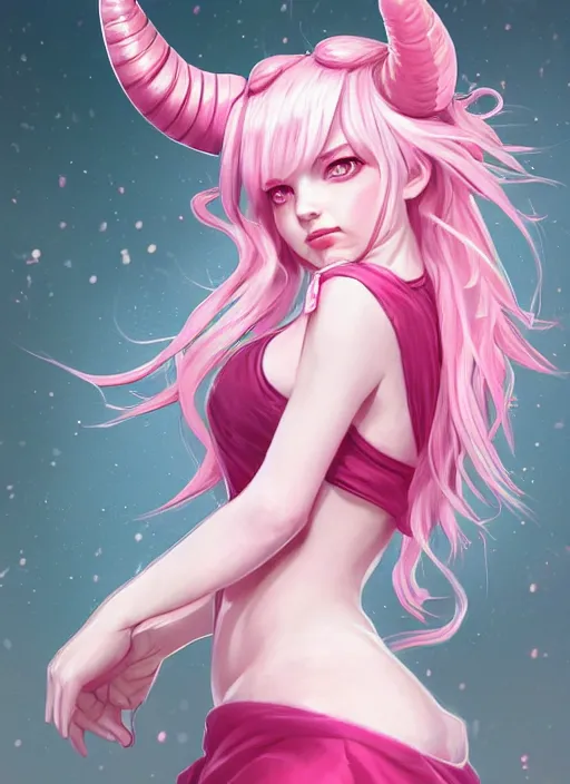 Image similar to a highly detailed illustration of cute smug pink haired pale girl with horns wearing great pink dress, dramatic smirk pose, intricate, elegant, highly detailed, centered, digital painting, artstation, concept art, smooth, sharp focus, league of legends concept art, wlop.