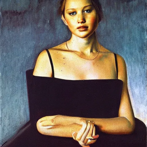Image similar to Jennifer Lawrence. Oil on canvas by Balthus.