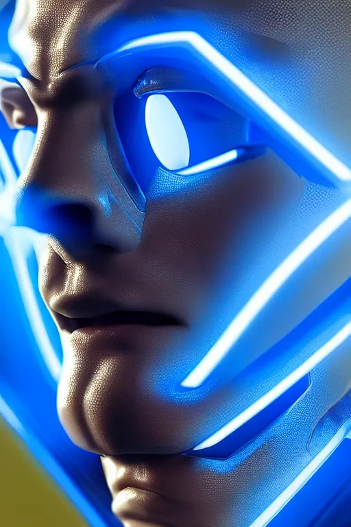 Image similar to hyperrealistic close-up blue glow exoskeleton!! chinese man covered highly detailed concept art eric zener elson peter cinematic side soft yellow light low angle hd 8k sharp shallow depth of field