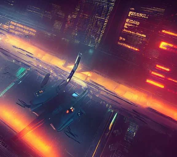 Prompt: futuristic sci fi jet lands at runway of cyberpunk city, night photo ,dark cinematic lighting , digital concept art, bladerunner 2049