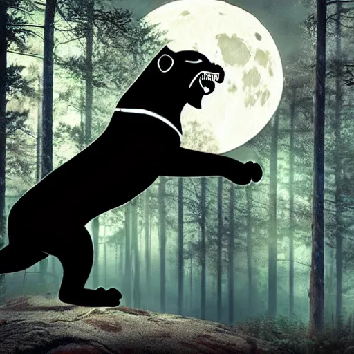 Prompt: a panther roaring at the moon in a forest during the night, large moon in the center. trending on artstation. cinematic. photoreal. dark colors. night.