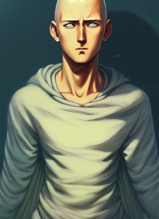 Image similar to handsome saitama, half body shot, path traced, cape, highly detailed, high quality, digital painting, alena aenami, lilia alvarado, shinji aramaki, karol bak, alphonse mucha, tom bagshaw