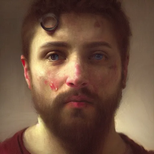 Prompt: hyperrealistic oil painting of a sad man, big oil paint drips, dim volumetric lighting, 8 k octane beautifully detailed render, post - processing, portrait, extremely hyper - detailed, intricate, epic composition, cinematic lighting, masterpiece, by william - adolphe bouguereau, trending on artstation, very very detailed, masterpiece, stunning,