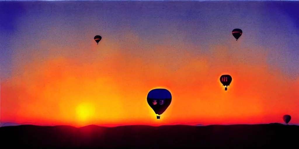 Prompt: hot air balloon, sunset, cartoon by moebius