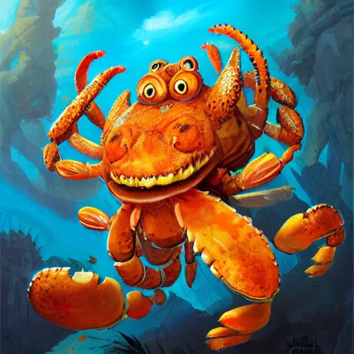 Image similar to tiger - crab creature, oil painting by justin gerard, deviantart