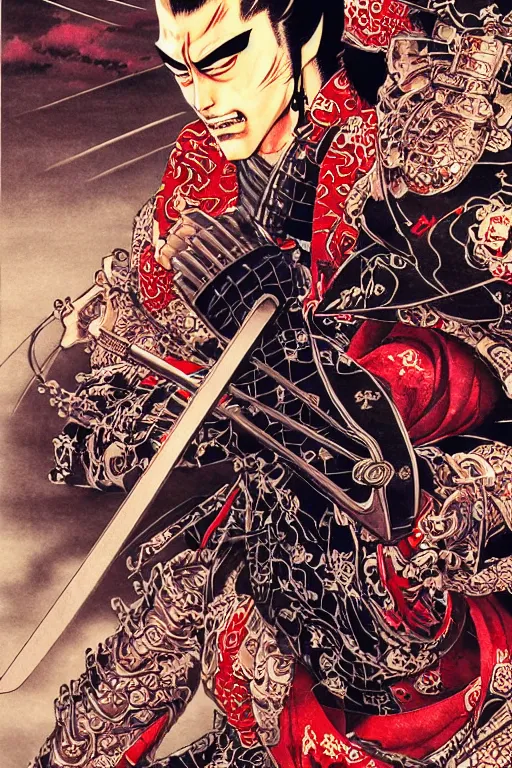 Prompt: poster of kiryu from yakuza as a samurai, by yoichi hatakenaka, masamune shirow, josan gonzales and dan mumford, ayami kojima, takato yamamoto, barclay shaw, karol bak, yukito kishiro, highly detailed