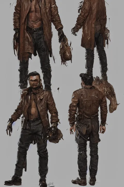 Image similar to character design, reference sheet, 40's adventurer, stained dirty clothing, leather bomber jacket, realistic, hyperdetailed, concept art, chiaroscuro, art Frank Frazetta