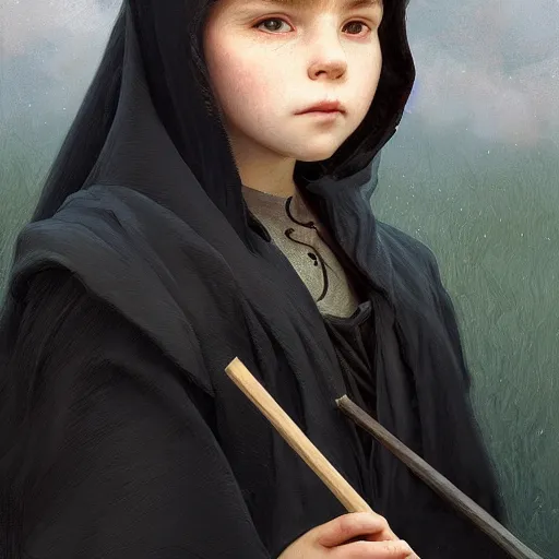 Prompt: perfectly - centered - portrait of a kid wearing black cloak holding stick, intricate, highly detailed, digital painting, artstation, concept art, smooth, sharp focus, illustration, unreal engine 5, 8 k, art by artgerm and greg rutkowski and alphonse mucha