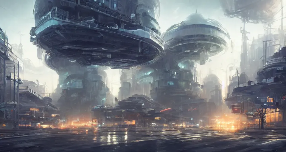 Prompt: hyper realistic sci - fi matte concept art painting of utopian paradise city made from giant stacks of disks, beautiful details, low angle, strong composition painted by andree wallin, smooth, intricate, detailed, sharp focus, cinematic
