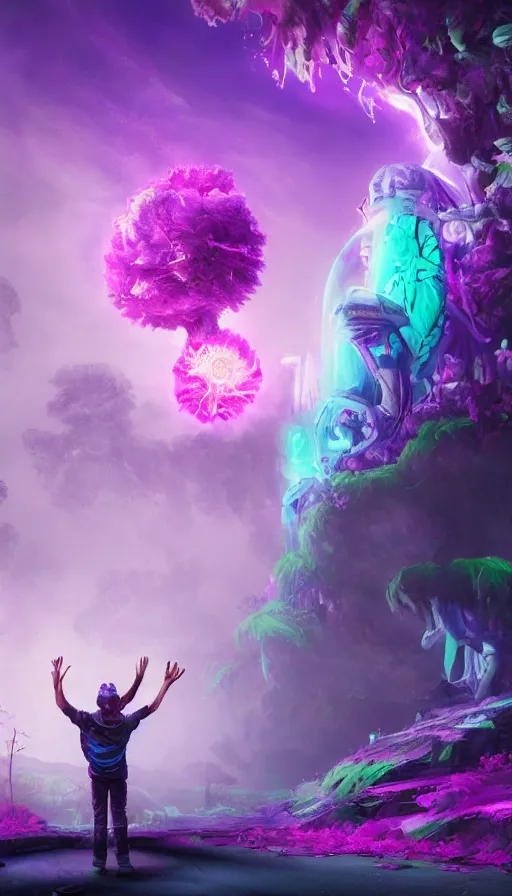 Image similar to a graffiti writer from the future on the middle of a purple forest looking to a sci fi ancient god holding a portal that's about to explode into a psychedelic realm, in the style of WLOP, oil painting, epic, fantasy, hyper detailed, smooth, Unreal Engine 5, sharp focus, ray tracing