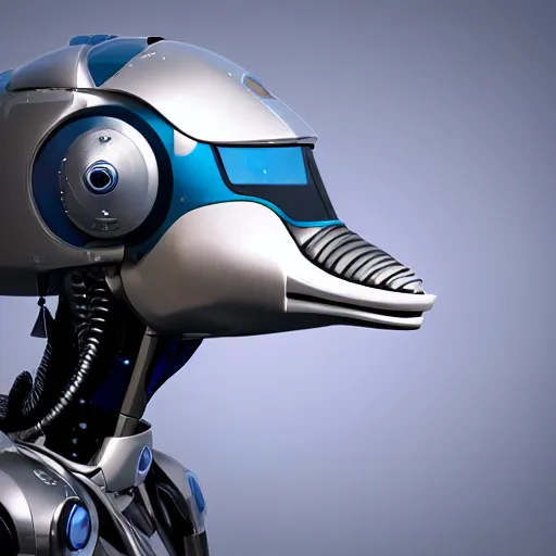 Image similar to very very beautiful furry art, bust profile picture of a robotic anthro bottlenose dolphin, face covered by opaque visor, truncated snout under visor, round shapes, all dark blue metal, commission on furaffinity, cgsociety, octane render
