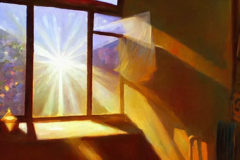 Image similar to rays of the morning sun shining through the window of the village house. very beautiful, clear sky, warm shiny colors, oil painting