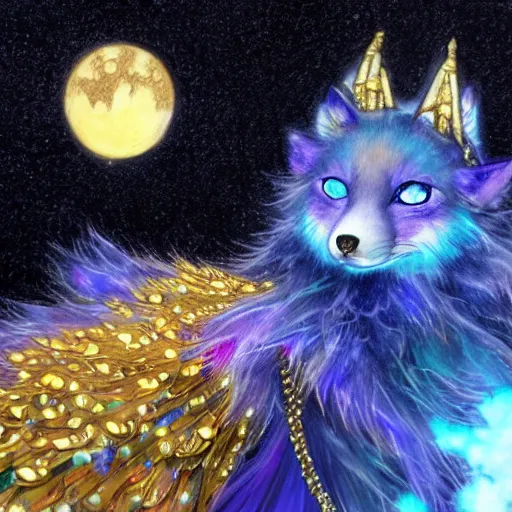 Prompt: portrait from an anime of a furry ethereal colorful blue starry fox peacock character, giant golden fangs, wearing star filled mage robes, wearing lots of gold jewelry and gems, sitting in an illuminated space observatory at night, art by yuji ikehata, background art by miyazaki, realism, detailed, proper human proportions, fully clothed