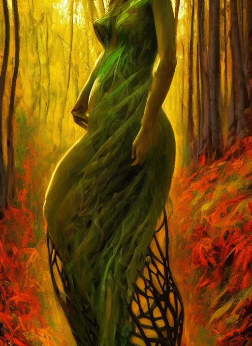 Image similar to junoesque curvaceous fey queen, vine dress, glowing forest, strong line, eerie color, beautiful! coherent! by mariusz lewandowski