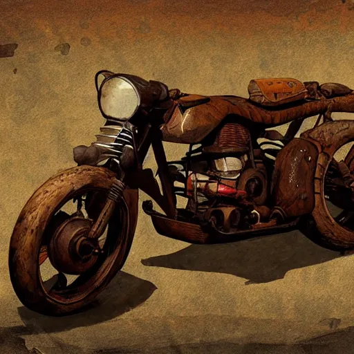 Image similar to Rustic homemade chopper motorcycle, styleframe, concept art, artstation, madmax, brush texture, painted with oil, cartoon network