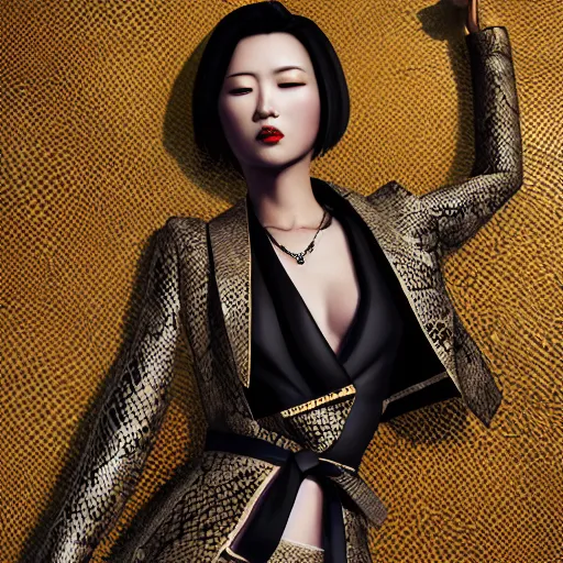 Image similar to yakuza slim girl, gold suit jacket in snake print, jacket over bare torso, yakuza tattoo Irezumi on body, black short curtain haircut, black leather pants with black belt, portrait, beautiful face, elegant, 2d, ultra highly detailed, digital painting, smooth, sharp focus, artstation, art by Ilya Kuvshinov, rossdraws