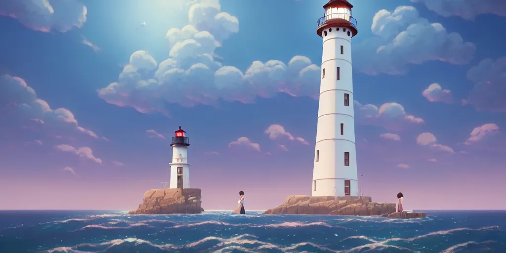 Image similar to the girl and the lighthouse. matte painting, anime, studio ghibli. intricate, elegant, super highly detailed, professional digital painting, artstation, concept art, smooth, Unreal Engine 5, Photorealism, HD quality, 8k resolution, cinema 4d, 3D, beautiful, cinematic