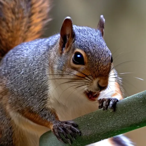 Prompt: film still, gangster squirrel counting his money, low angle, shot from below, worms eye view, low angle!!!!