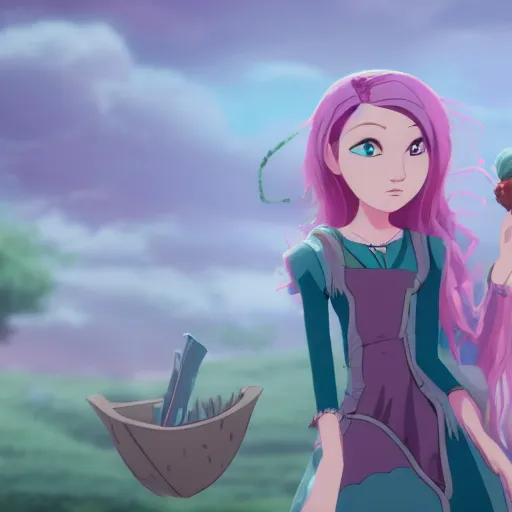 Image similar to A young adult witch with a cottage-core aesthetic with rose-colored hair and teal clothing, Nobutaka Ike, animated film still, character design, fantasy, 3D, 8k resolution