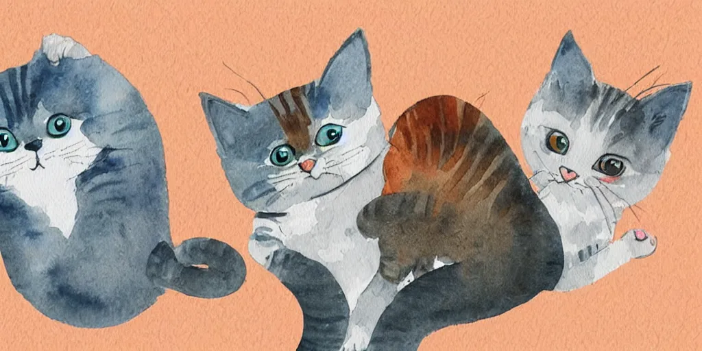 Prompt: watercolor illustration style, cute cat call to another cat by mobile phone