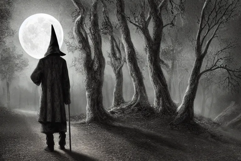 Prompt: a blind old wizard in a pointed hat walks through a dark forest, dark night, full moon, crows on the oak tree, highly detailed digital art, photorealistic