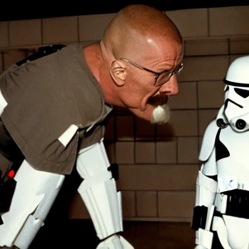 Image similar to walter white kissing a stormtrooper 1980 photo