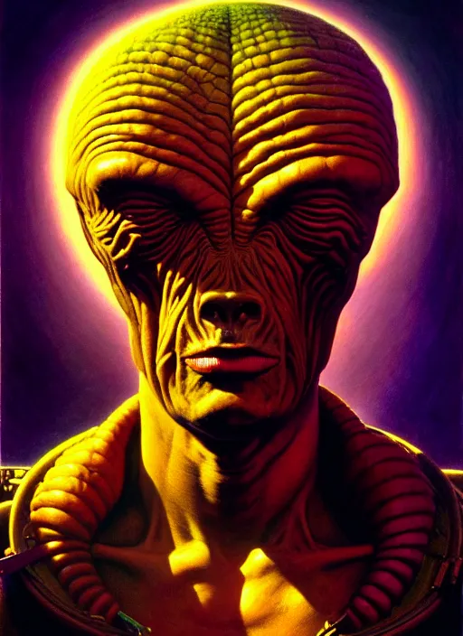 Prompt: cinematic bust portrait of psychedelic politician, head and chest only, exotic alien features, Tim Hildebrandt, Wayne Barlowe, Bruce Pennington, donato giancola, larry elmore, oil on canvas, masterpiece, trending on artstation, featured on pixiv, cinematic composition, dramatic pose, beautiful lighting, sharp, details, hyper-detailed, HD, HDR, 4K, 8K