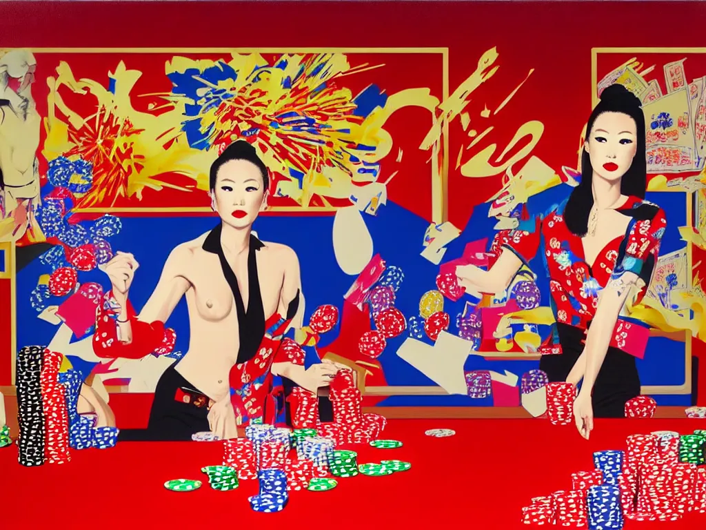 Image similar to hyper - realistic composition of a room in a casino with an extremely detailed poker table, croupier in traditional japanese kimono standing nearby fireworks in the background, pop art style, jackie tsai style, andy warhol style, acrylic on canvas