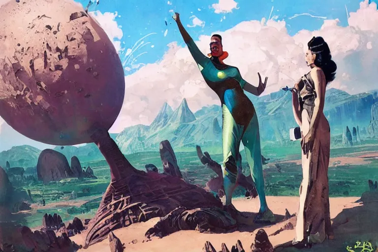 Prompt: 5 0 s pulp scifi illustration, space woman meets big science fiction alien martian in beautiful landscape, pond, baobab trees, distant mountains, painted by norman rockwell, jack kirby, john berkey, bergey, craig mullins, ruan jia, raymond swanland, jeremy mann, beksinski, tom lovell, alex malveda, schomburg