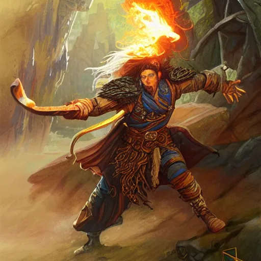 Image similar to beautiful painting of a very short and small male halfing bard from pathfinder, casting fireball, painted by larry elmore, wayne reynolds, greg rutkowski, magic the gathering, dungeons and dragons,