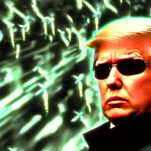 Prompt: donald trump in the matrix ( 1 9 9 9 ), film still from the matrix ( 1 9 9 9 ), 2 6 mm