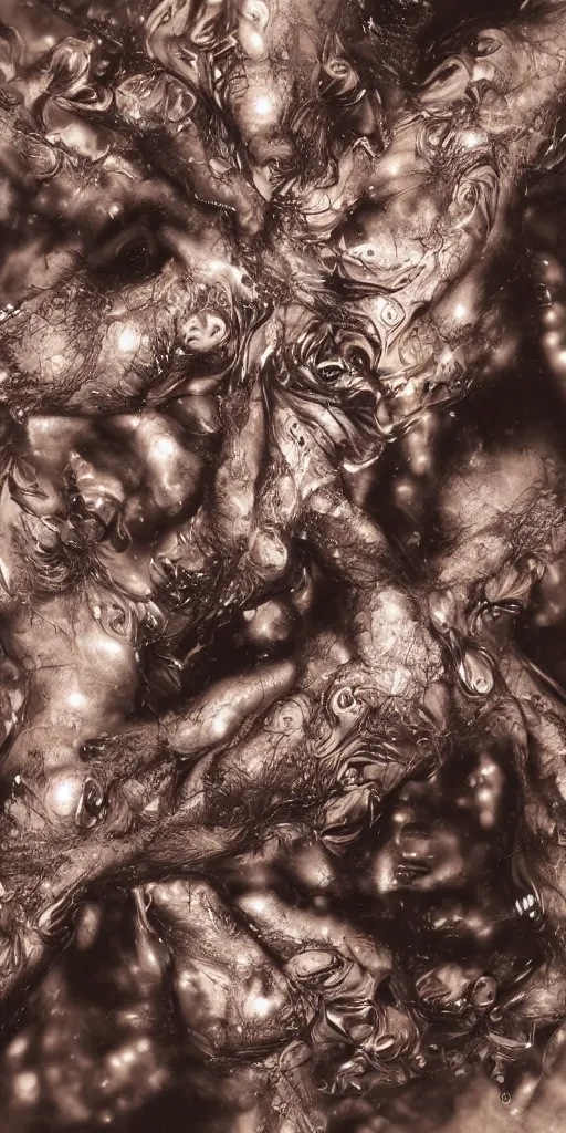 Image similar to closeup of beautiful human bodies intertwined, bodies blooming, 3 d fractals, mandelbulb, dripping wet, skin, macro photography, anamorphic bokeh, long exposure, highly detailed, hyperrealism, cinematic