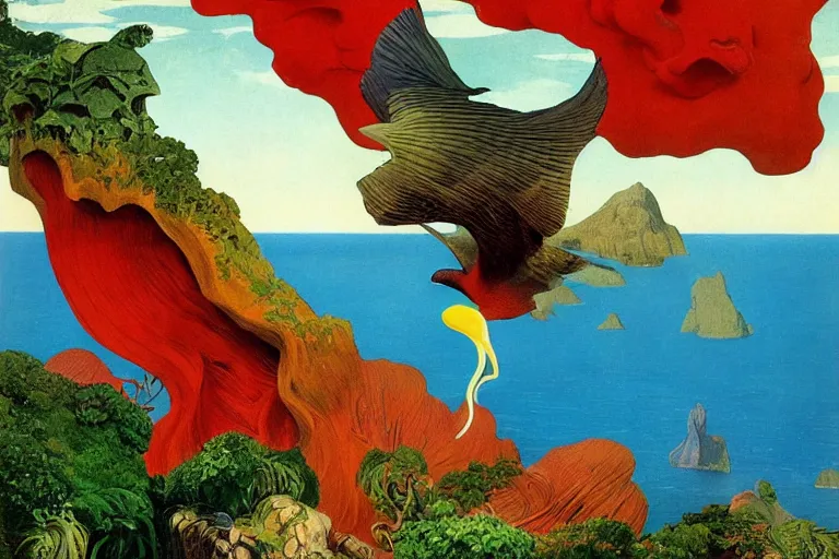 Prompt: fantastical bird flying over a tropical island, fluid, smooth, bright, colours, high contrast, sharpness, very detailed, intricate, by dali, magritte, edvard munch, da vinci, donato giancola, richard corben, zdzisław beksinski, moebius, francis bacon, studio ghibli, mucha and studio disney