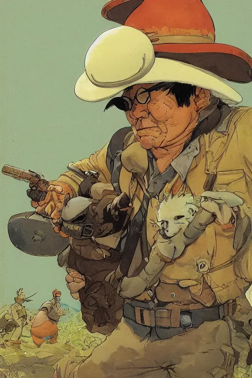 Prompt: full page illustration, a proud hunter wearing a pith hat has poached a snorlax pokemon, jean giraud, Katsuhiro Otomo, Geof Darrow, Phil hale, Ashley wood, Ilya repin, frank frazetta8k, hd, high resolution