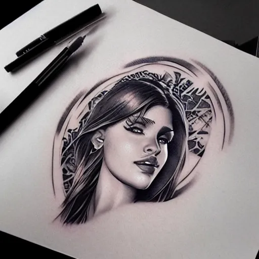 Prompt: tattoo design, stencil beautiful portrait of a girl by artgerm, artgerm