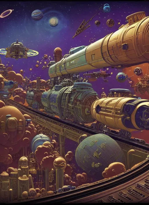 Image similar to a steampunk train in space at warp speed by paolo eleuteri serpieri and tomer hanuka and chesley bonestell and daniel merriam and tomokazu matsuyama, unreal engine, high resolution render, featured on artstation, octane, 8 k, highly intricate details, vivid colors