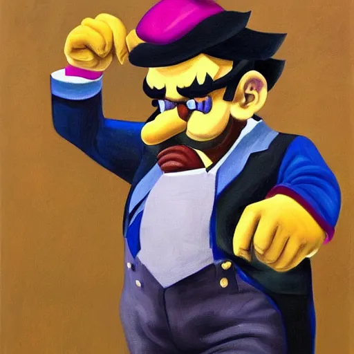 Image similar to wario from the mario series wearing a 3 piece suit and smoking a cigar ( oil painted, greatly illustrated, a portrait, high detailed, great quality painting )