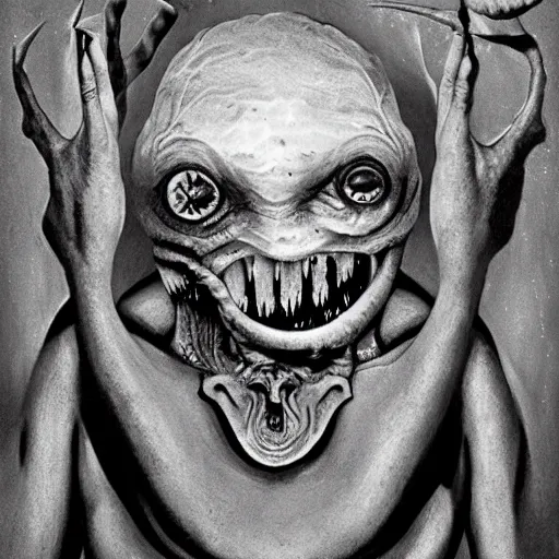 Image similar to a portrait of a creature from the beyond, body horror, by gerard brom and ansel adams