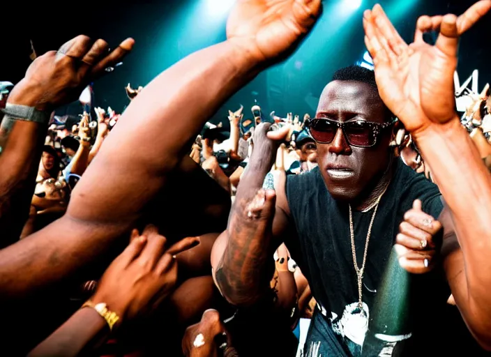 Image similar to photo still of wesley snipes from demolition man on stage at vans warped tour!!!!!!!! at age 3 3 years old 3 3 years of age!!!!!!!! stage diving into the crowd, 8 k, 8 5 mm f 1. 8, studio lighting, rim light, right side key light