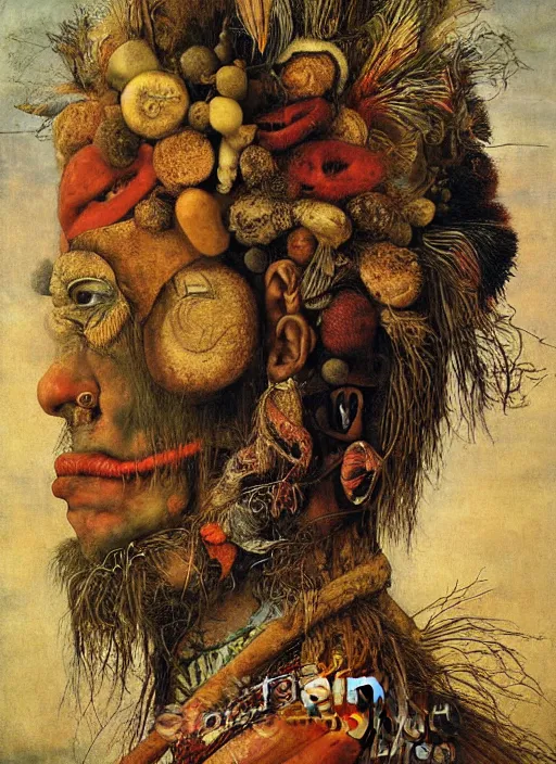 Image similar to a surreal painting of a shaman's profile face, by Giuseppe Arcimboldo, symbolist, soft colors, dramatic lighting, smooth, sharp focus, extremely detailed, aesthetically pleasing composition