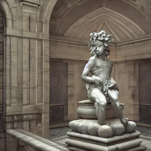 Image similar to baroque vaporwave statue, high detail, rendered in unreal engine, 3d render, god rays, volumetric lighting, award winning, vegetation,