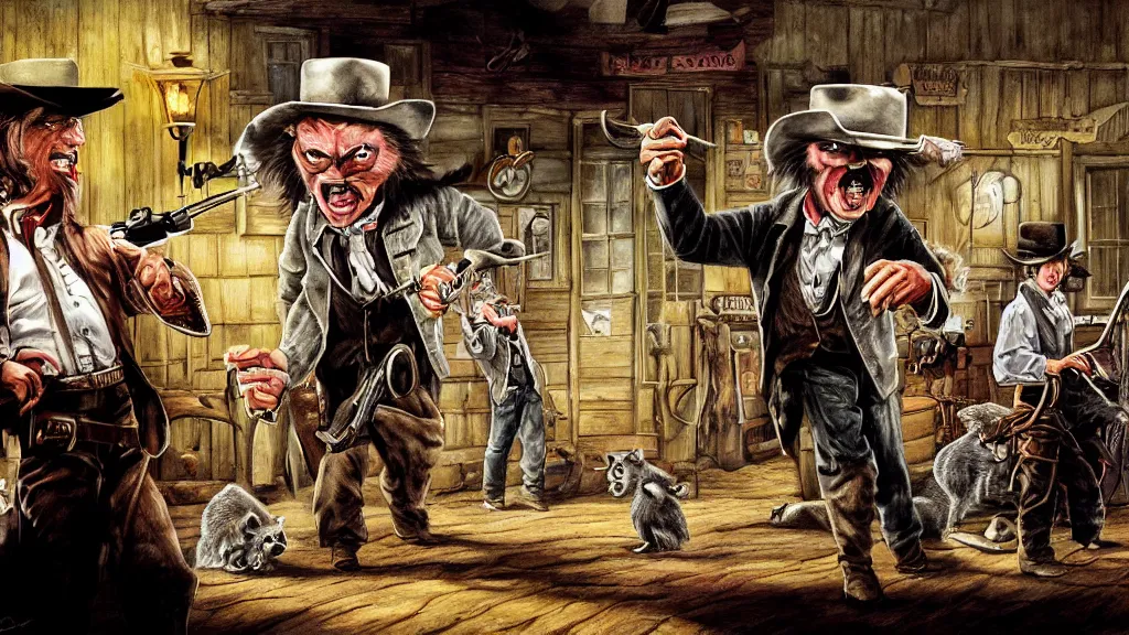 Prompt: photorealistic full - color storybook illustration of : during a hoedown at a saloon in the old west, an angry anthropomorphic raccoon dressed as a cowboy is having a duel with “ daniel day - lewis ” and they are holding revolvers. frightened “ nancy reagan ” is watching them. color professional hyper - realistic drawing.