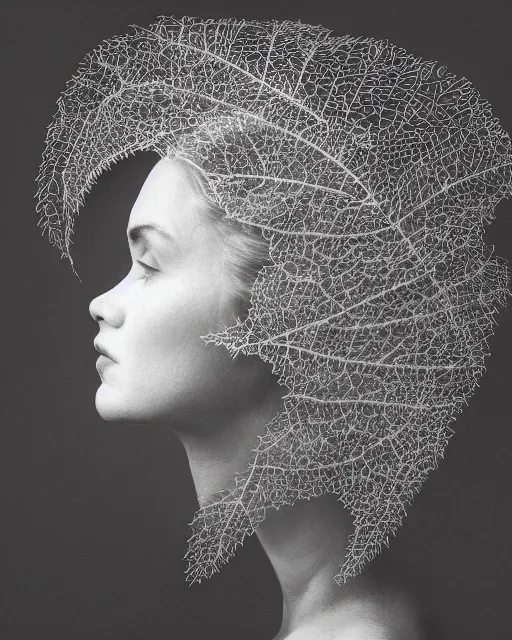 Prompt: a woman's face in profile, wearing a vintage motorcycle helmet made of sweeping intricate delicate leaf skeleton, in the style of the dutch masters and gregory crewdson, dark and moody