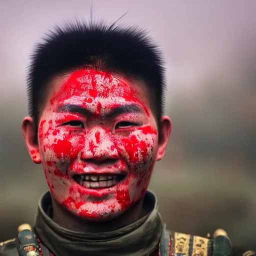 Prompt: a ultra high resolution close - up of a beautiful young tai warlord standing in crowd of battlefield, looking down at the camera. his face is partially obscured by red handprint, and he has a smiling expression. the light is dim, and the colours are muted. kodak etkar 1 0 0