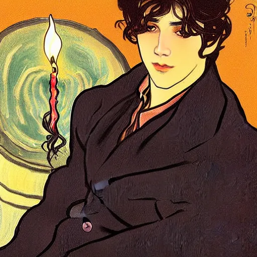 Image similar to painting of young cute handsome beautiful dark medium wavy hair man in his 2 0 s named shadow taehyung and cute handsome beautiful min - jun together at the halloween! party, bubbling cauldron!, candles!, smoke, autumn! colors, elegant, modest, wearing suits!, delicate facial features, art by alphonse mucha, vincent van gogh, egon schiele