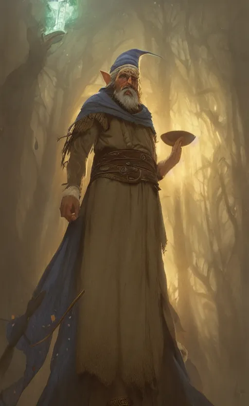 Image similar to portrait of a middle aged elf with a long beard, dressed in a blue cloak, brown grey hair, raised hand, clock iconography, detailed face, fantasy, highly detailed, cinematic lighting, digital art painting by greg rutkowski