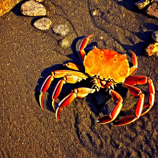 Image similar to crab ( holding a knife in its claw ) nature photography, golden hour