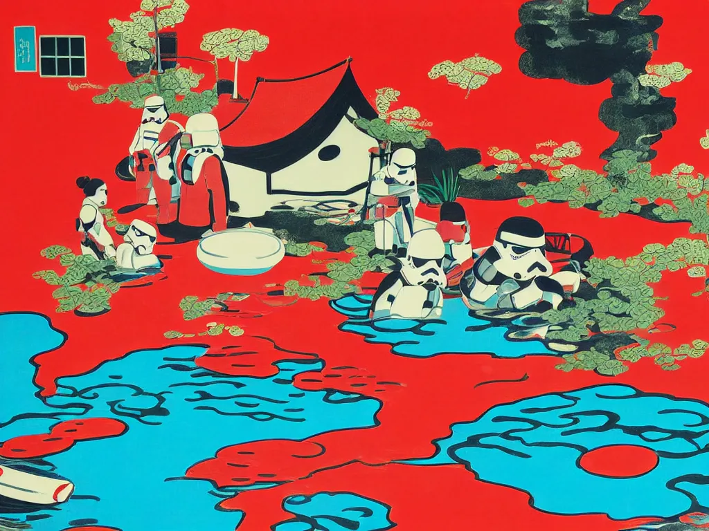 Prompt: close - up image of a japanese red house with a pond, with stormtroopers sitting around it, a combination of pop - art and traditional japanese painting styles, the style of andy warhol, roy lichtenstein and jackie tsai, bright palette, acrylic on canvas